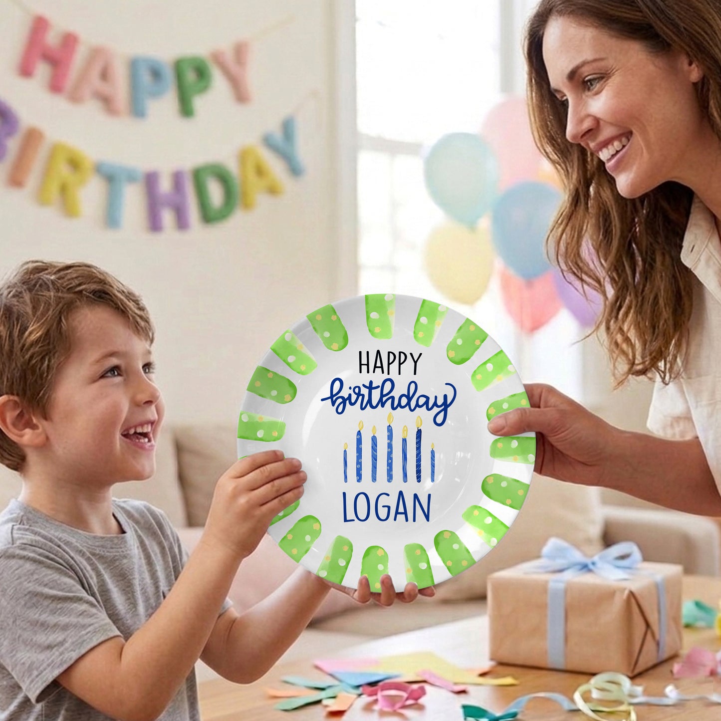 Green Brush Border with Blue Candles Personalized Birthday Plate D923B6N0