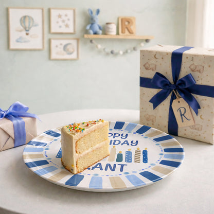 Blue and Tan Striped Border with Birthday Candles Personalized Birthday Plate D49EZG0