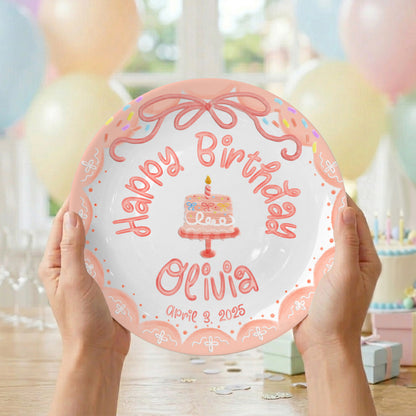 Peach Bow with Cake and Scalloped Border Personalized Birthday Plate P119S2B0