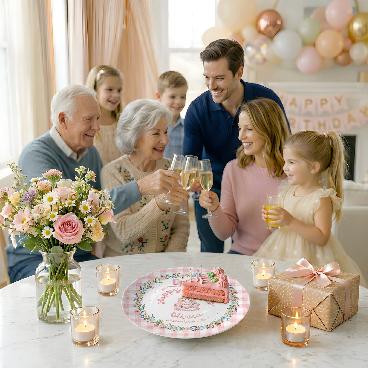 Pink Gingham Bow Cake Personalized Birthday Plate P423V6P0