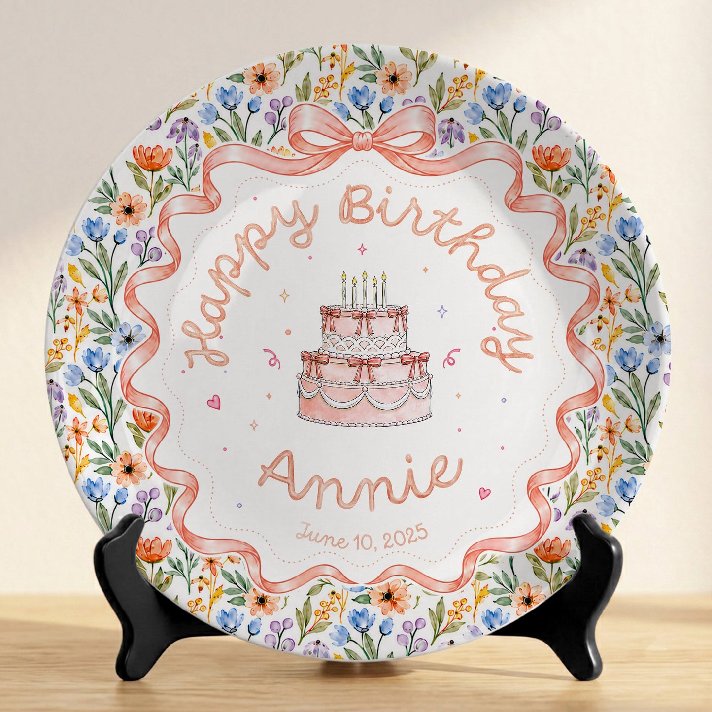 Floral Bow Birthday Cake Personalized Birthday Plate for Kids Keepsake P86TSJ0