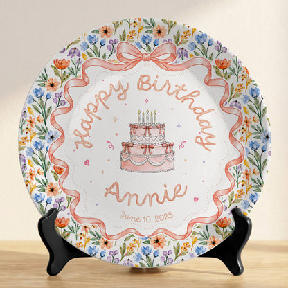 Floral Bow Birthday Cake Personalized Birthday Plate for Kids Keepsake P86TSJ0