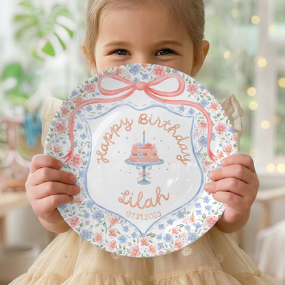 Pastel Floral Bow Cake Personalized Birthday Plate for Kids P317AIP0