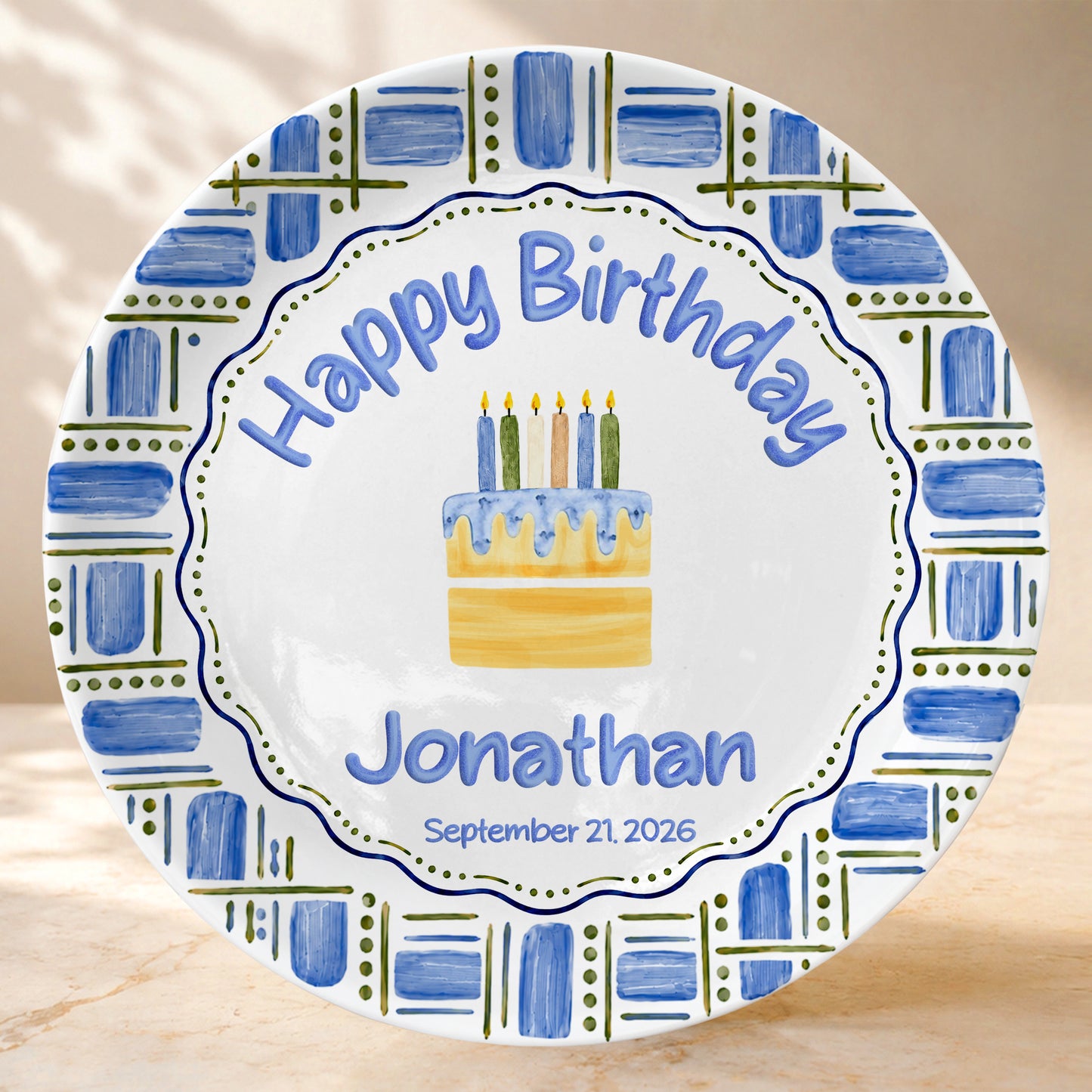 Blue Plaid Personalized Birthday Plate for Boys, Custom Birthday Keepsake Gift P730VM90