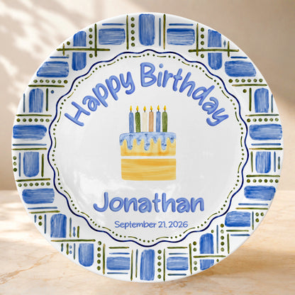 Blue Plaid Personalized Birthday Plate for Boys, Custom Birthday Keepsake Gift P730VM90