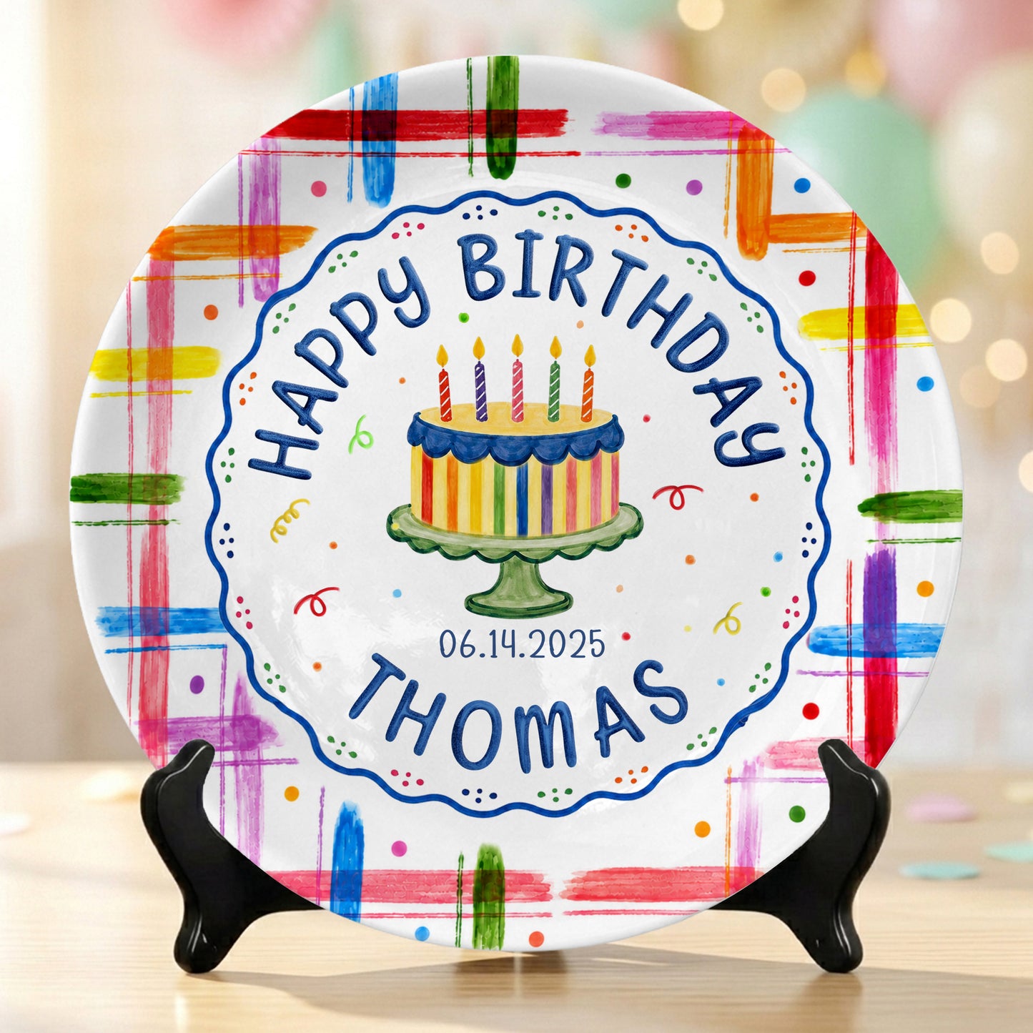 Colorful Cake Name Date Kids First Birthday Personalized Birthday Plate P815DJ50