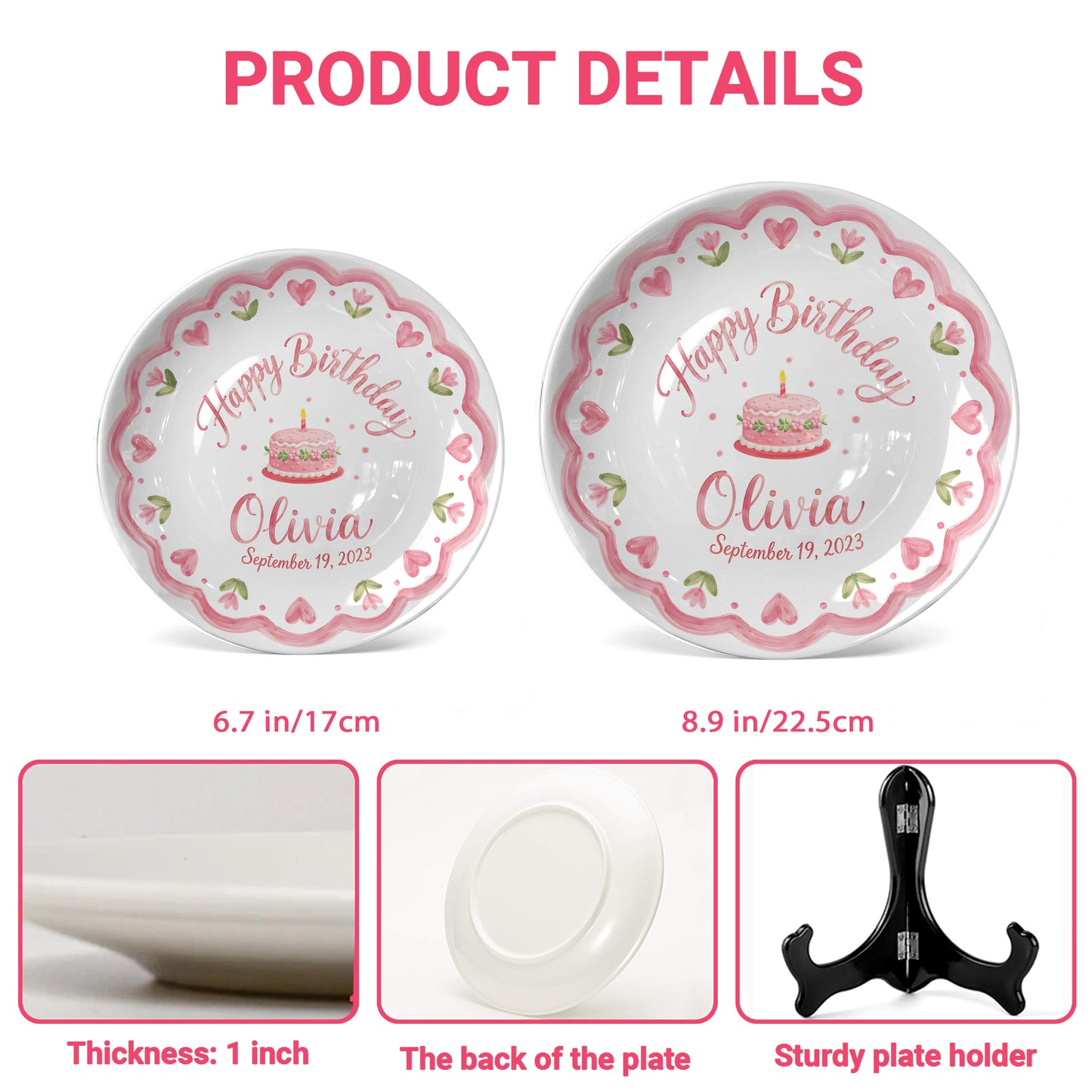 Pink Scallop Heart Border with Floral Birthday Cake Personalized Birthday Plate P415VCJ0