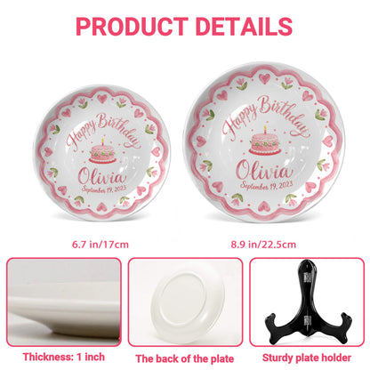 Pink Scallop Heart Border with Floral Birthday Cake Personalized Birthday Plate P415VCJ0