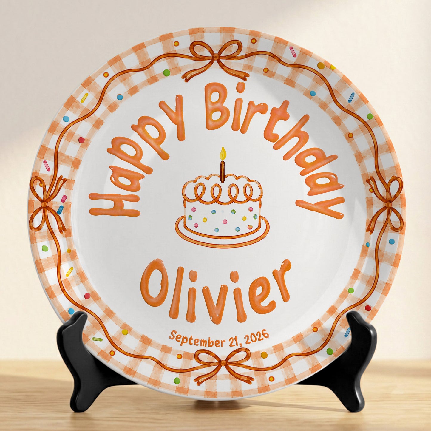Orange Gingham Bow Personalized Birthday Plate for Kids, Custom Name and Date Ceramic Keepsake P85RP60