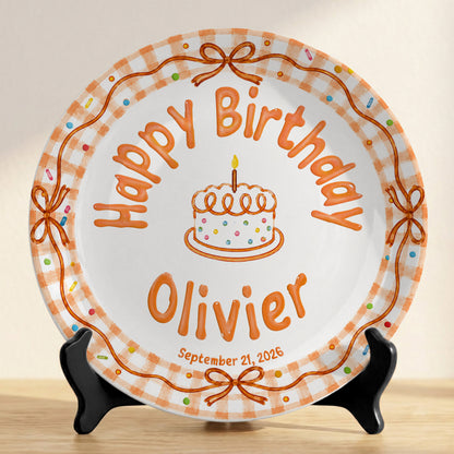 Orange Gingham Bow Personalized Birthday Plate for Kids, Custom Name and Date Ceramic Keepsake P85RP60