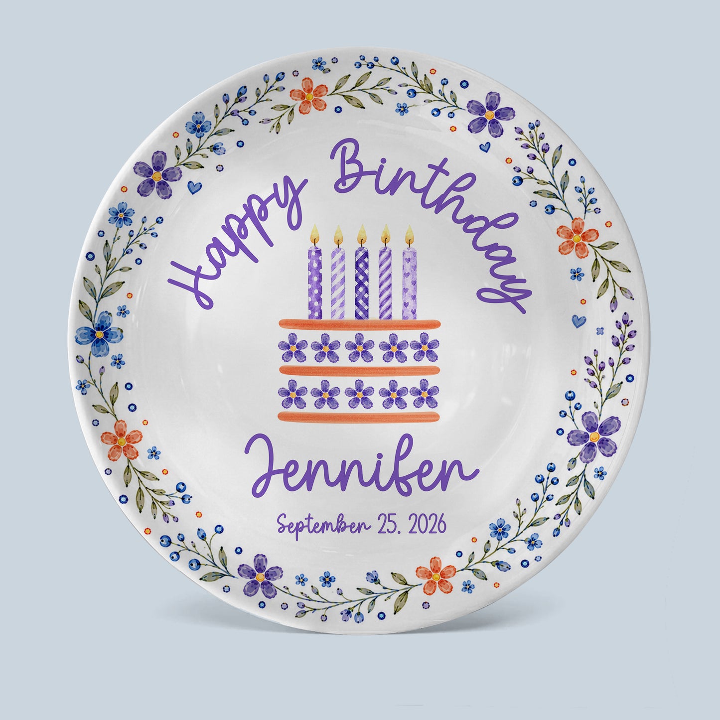 Purple Floral Personalized Birthday Plate for Girls, Custom Birthday Keepsake Gift P723G7E0