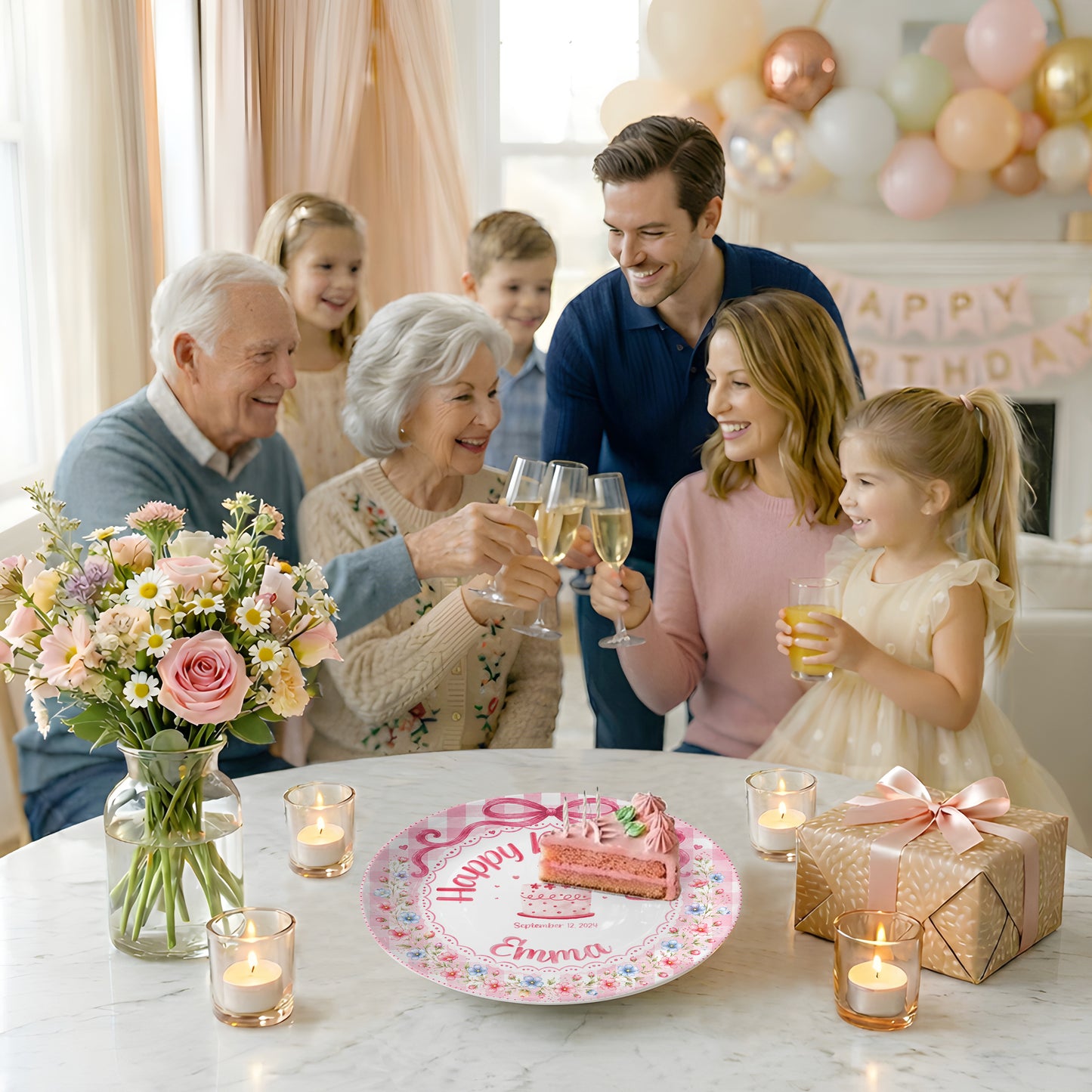 Pink Gingham Floral Bow Cake Personalized Birthday Plate for Girls P520UDC0