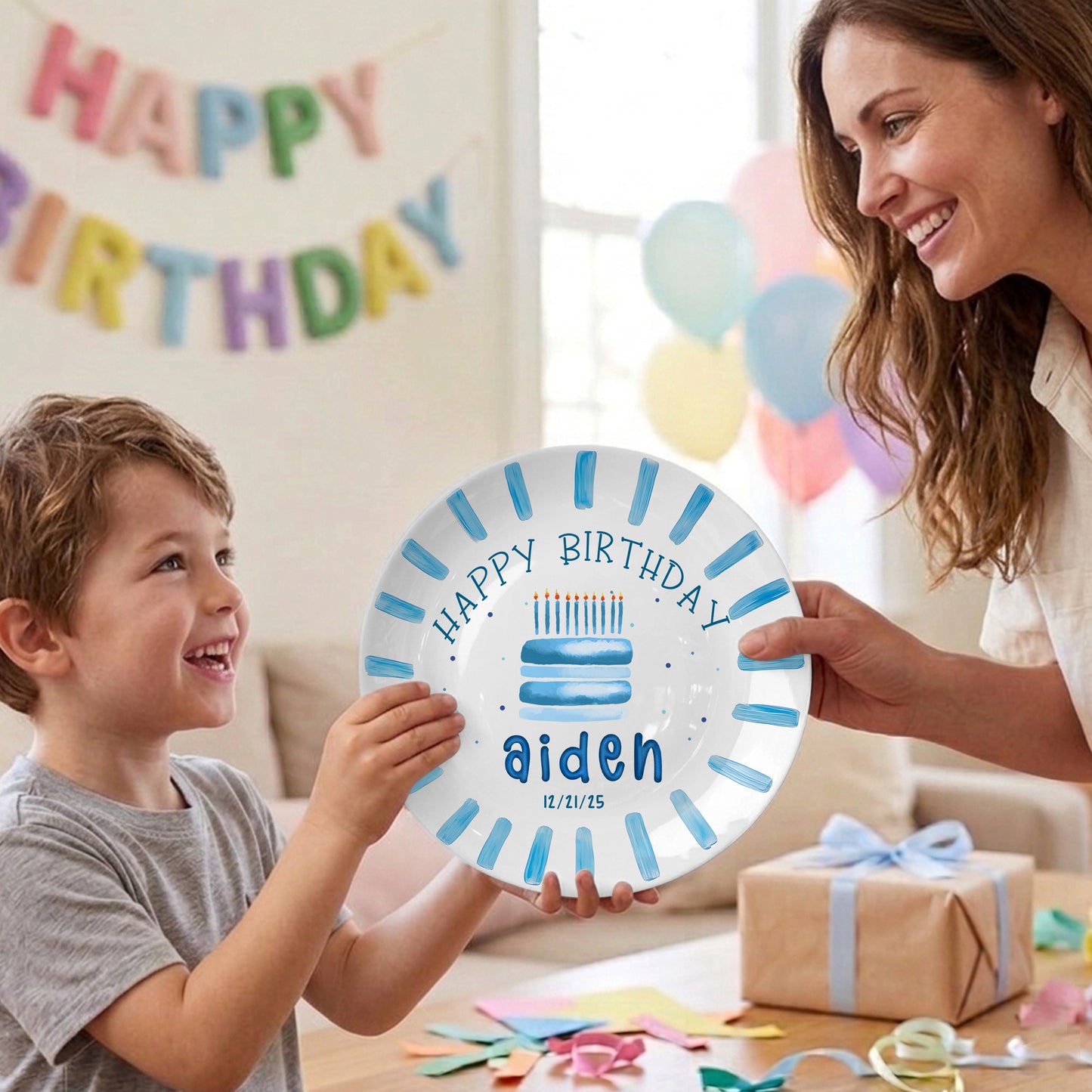 Blue Cake and Brush Stroke Border Personalized Birthday Plate P111BC60