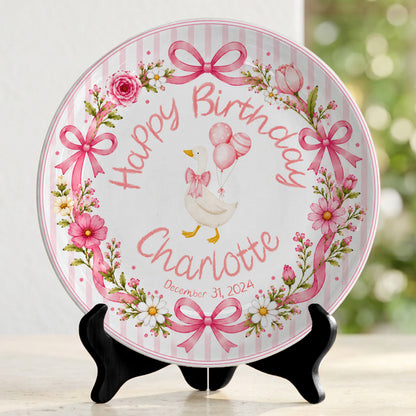 Pink Gingham Goose Keepsake Personalized Birthday Plate P718Q670