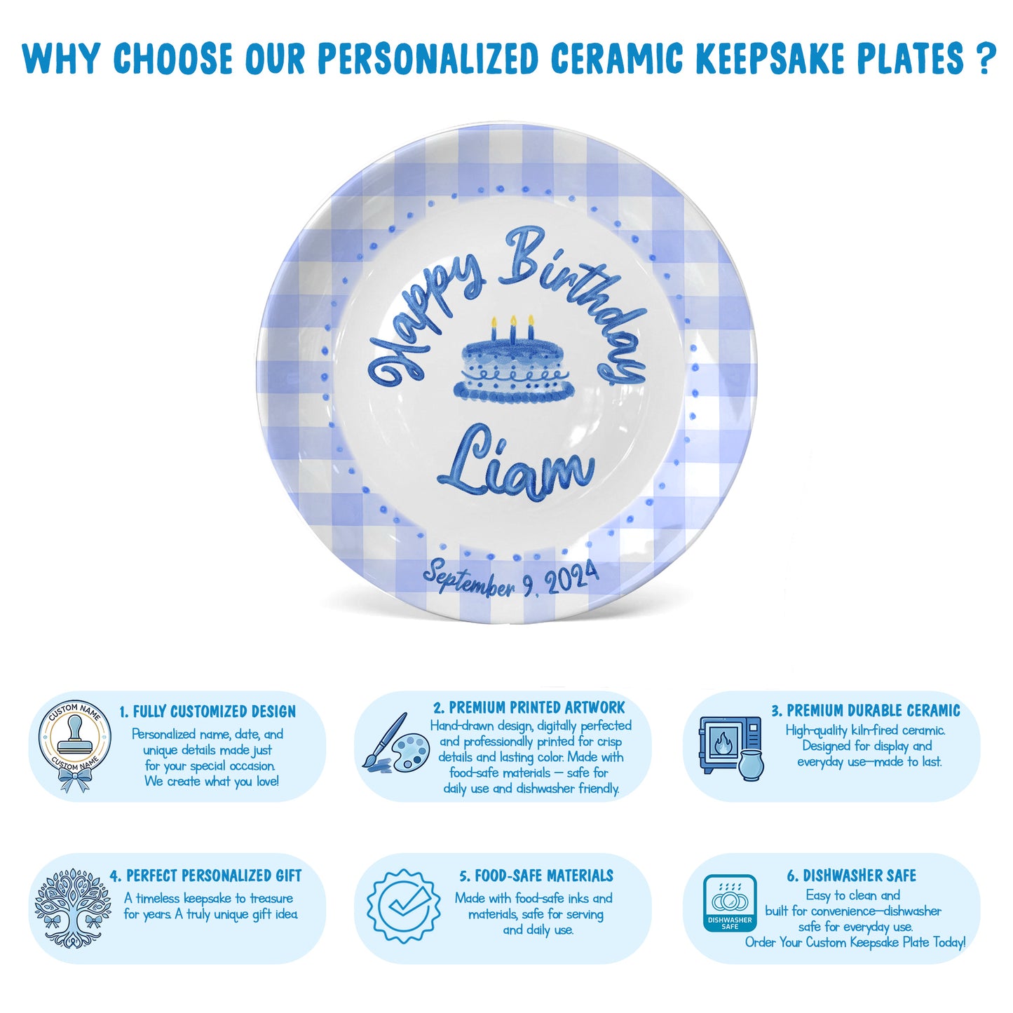 Blue Gingham Border with Blue Birthday Cake Personalized Birthday Plate P415SDU0