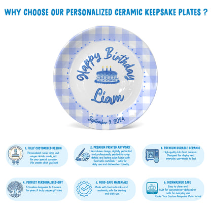 Blue Gingham Border with Blue Birthday Cake Personalized Birthday Plate P415SDU0