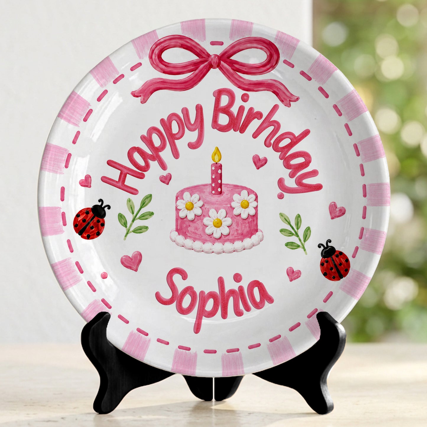 Pink Gingham Ladybug Keepsake Personalized Birthday Plate P7184FK0