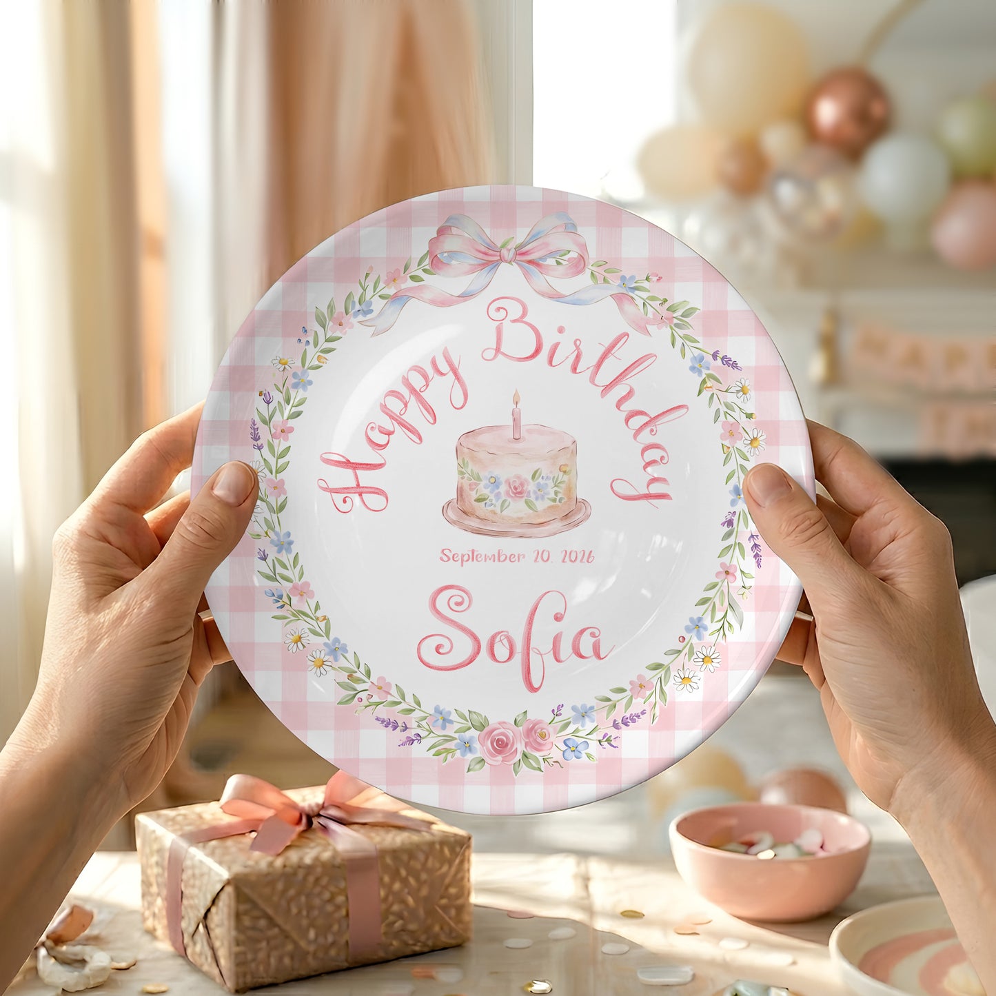 Pink Gingham Bow and Floral Wreath Cake Personalized Birthday Plate P415RRC0