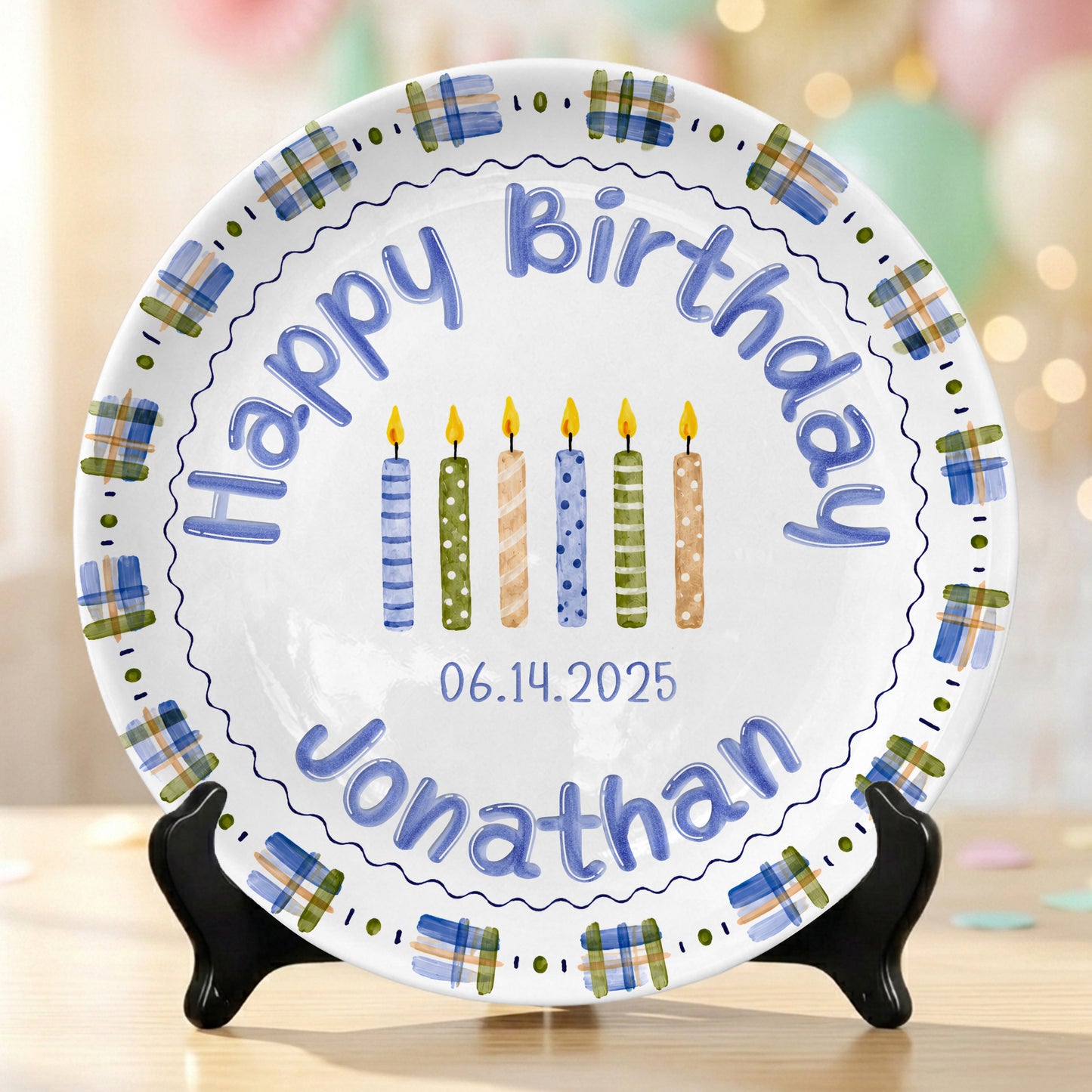 Blue Plaid Boys Custom Name First Birthday Personalized Birthday Plate P8245JH0