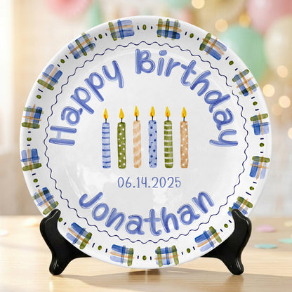 Blue Plaid Boys Custom Name First Birthday Personalized Birthday Plate P8245JH0
