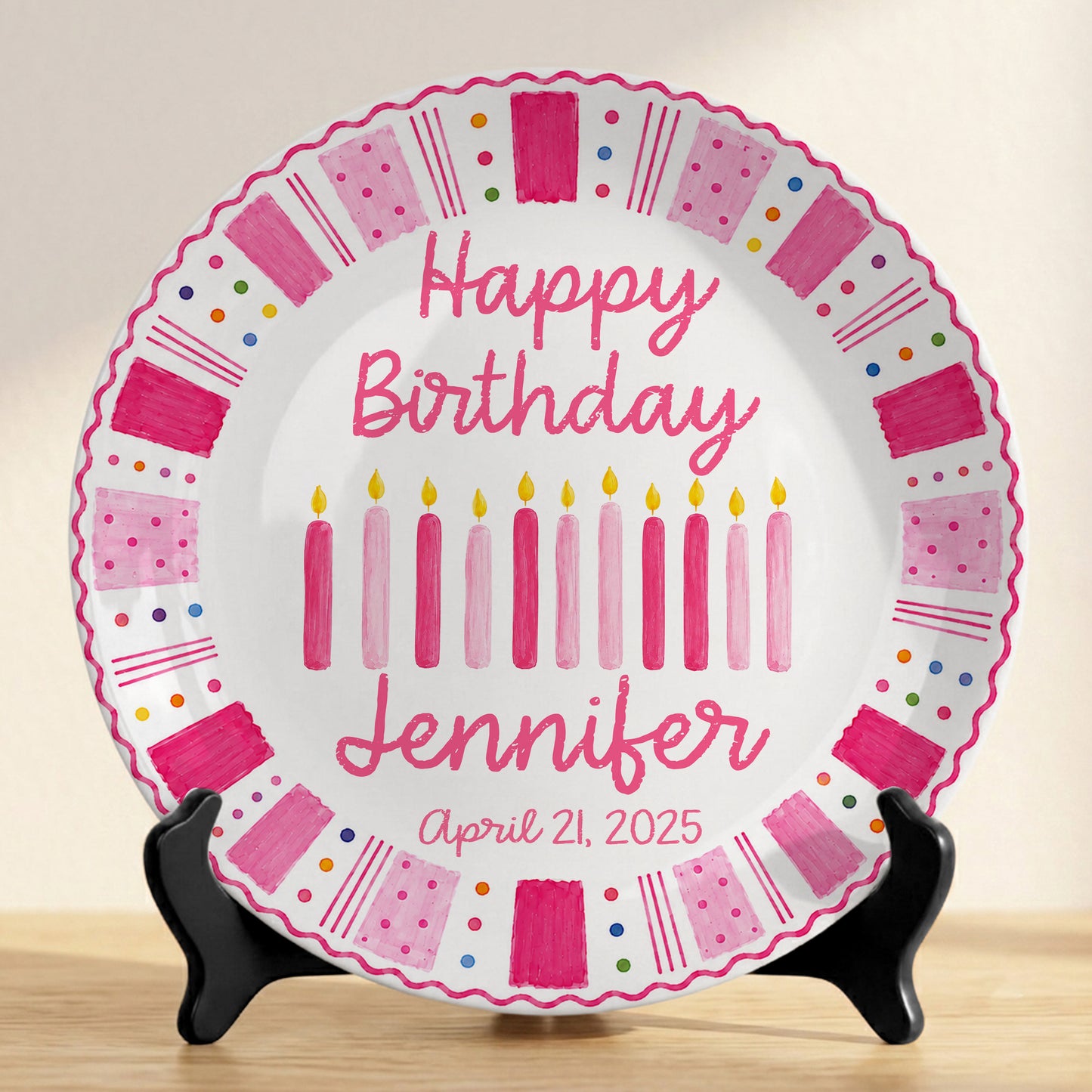 Pink Birthday Candles Personalized Birthday Plate for Kids Ceramic Keepsake Gift P86W4N0