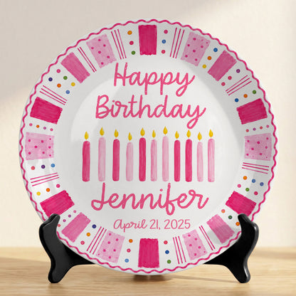 Pink Birthday Candles Personalized Birthday Plate for Kids Ceramic Keepsake Gift P86W4N0