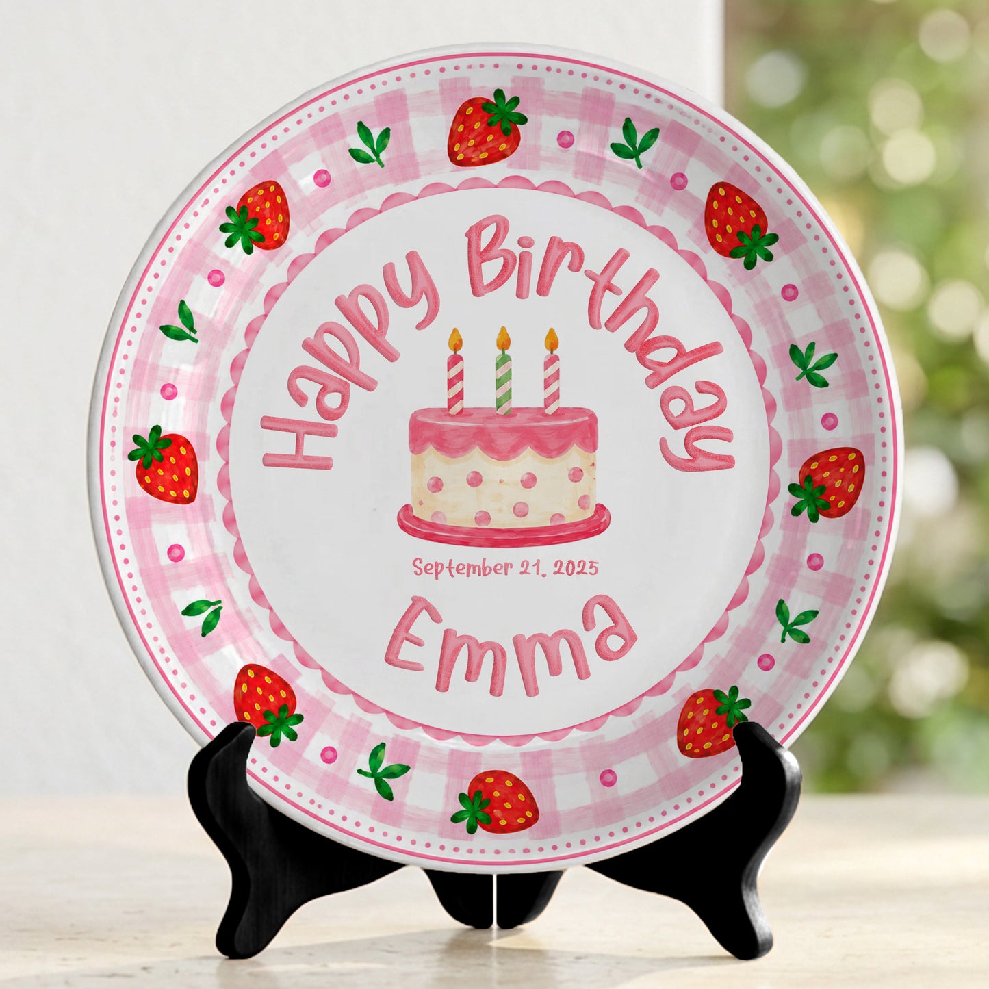 Strawberry Cake Personalized Birthday Plate for Girls, First Birthday Keepsake Gift P730H150