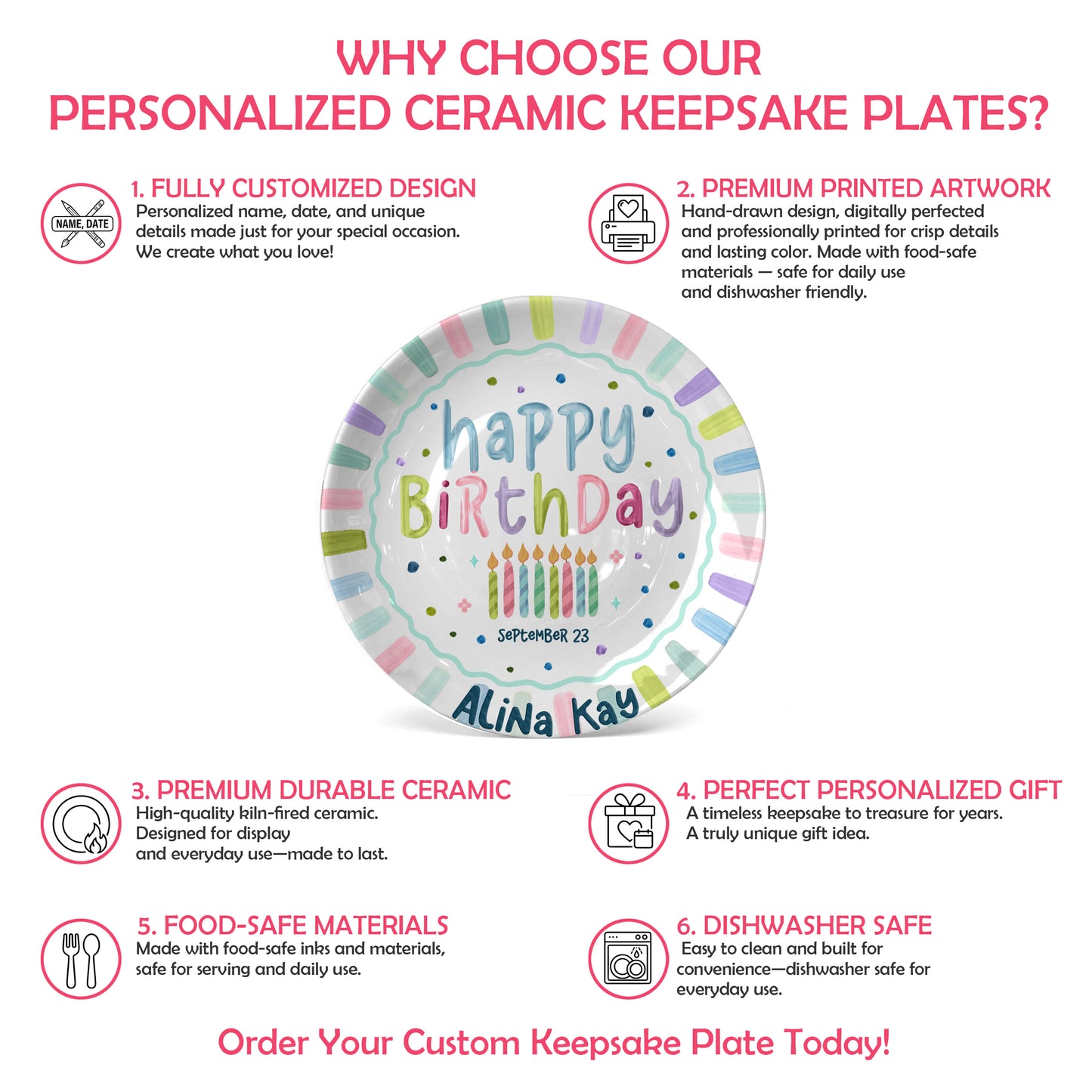 Colorful Candles and Stripes Personalized Birthday Plate D43RCW0a1