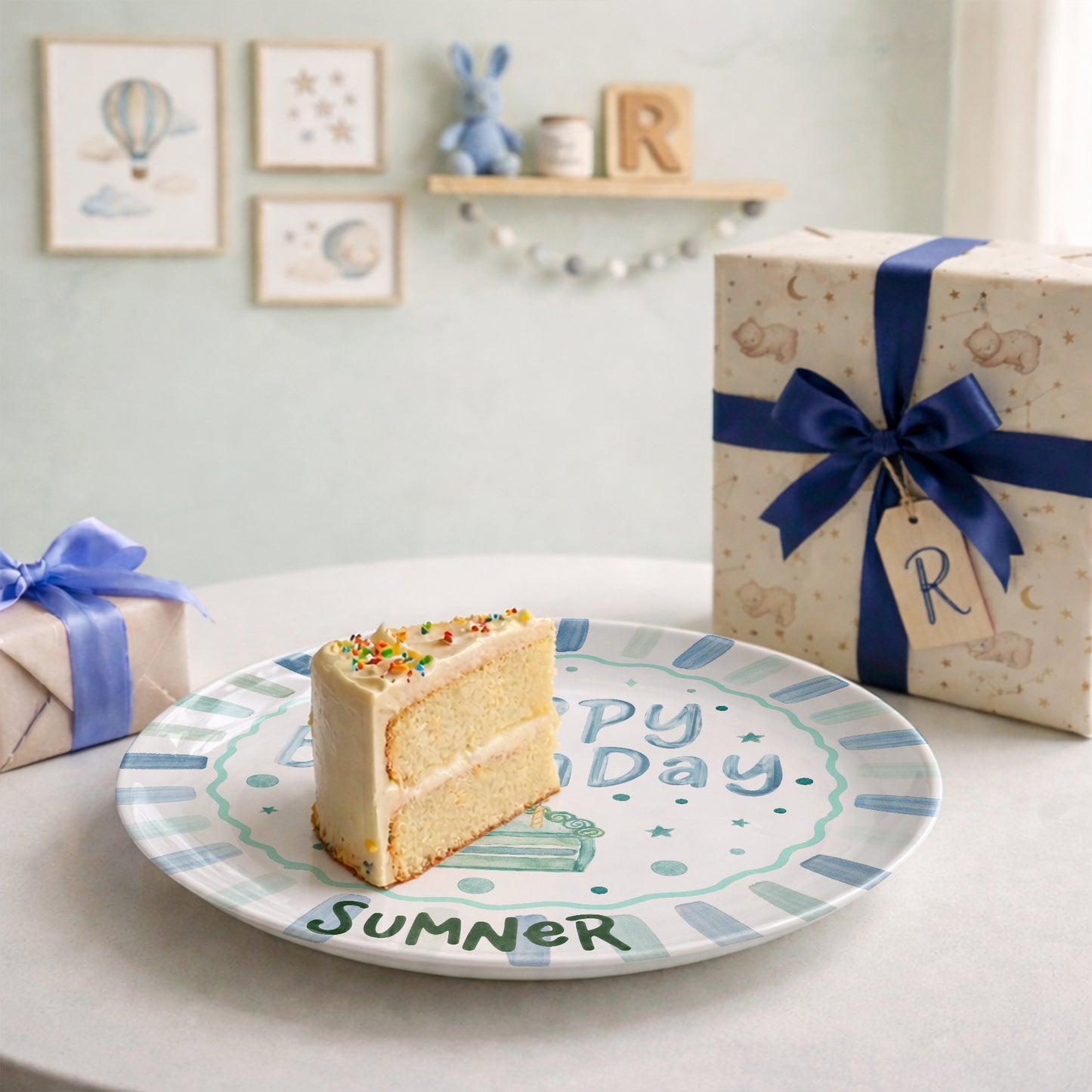 Blue and Mint Striped Border with Teal Cake Slice Personalized Birthday Plate D43D5V0