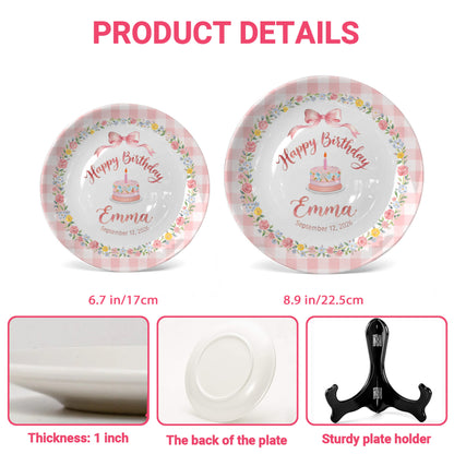 Pink Gingham Border with Floral Wreath Bow Personalized Birthday Plate P4151HJ0