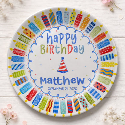 Colorful Candle Celebration Custom Name Ceramic Keepsake Personalized Birthday Plate P82509W0