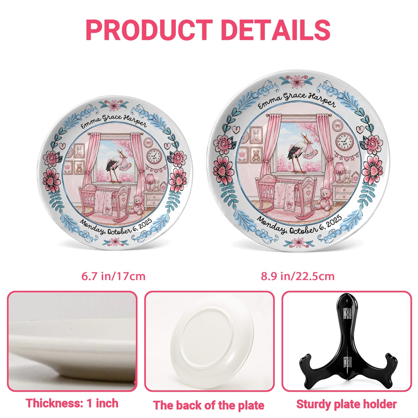 Pink Nursery Room with Stork and Floral Border Personalized Birthday Plate P518MN50