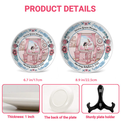 Pink Nursery Room with Stork and Floral Border Personalized Birthday Plate P518MN50