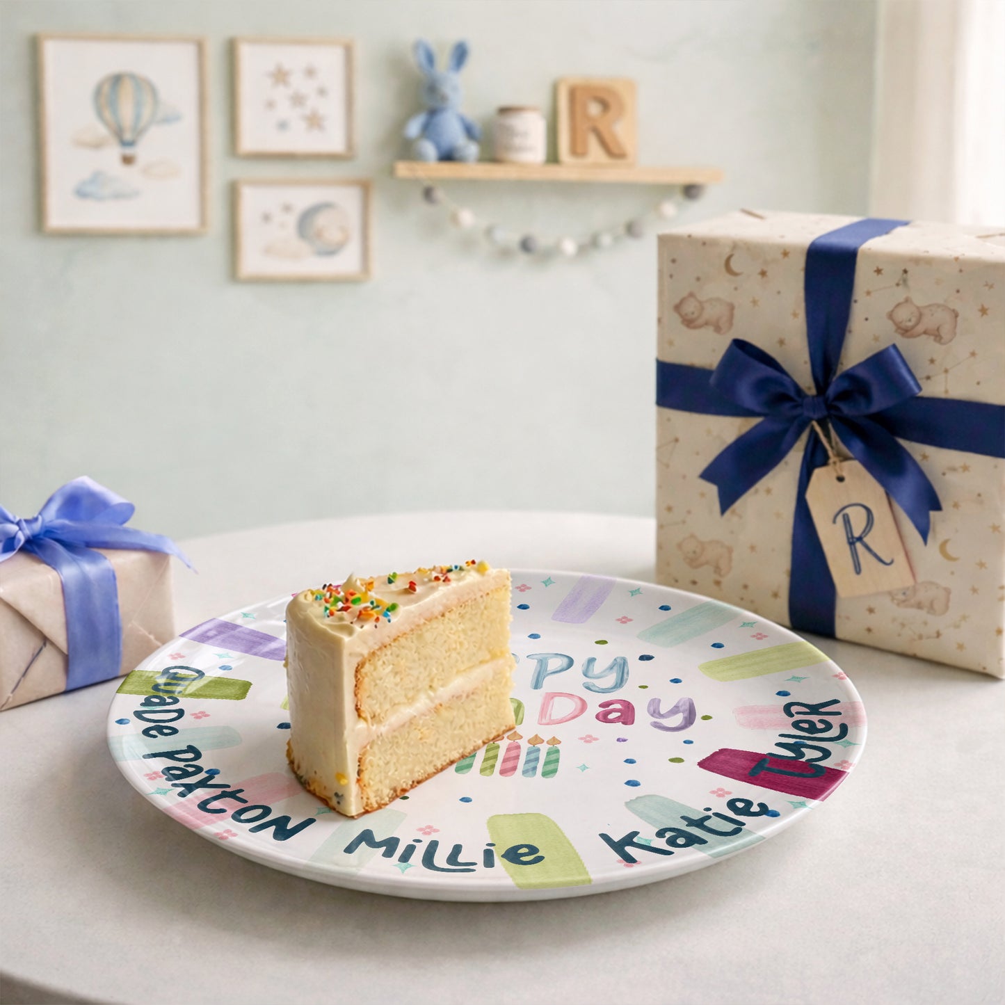 Rainbow Stripe Candle Personalized Birthday Plate for Kids P525IDR0