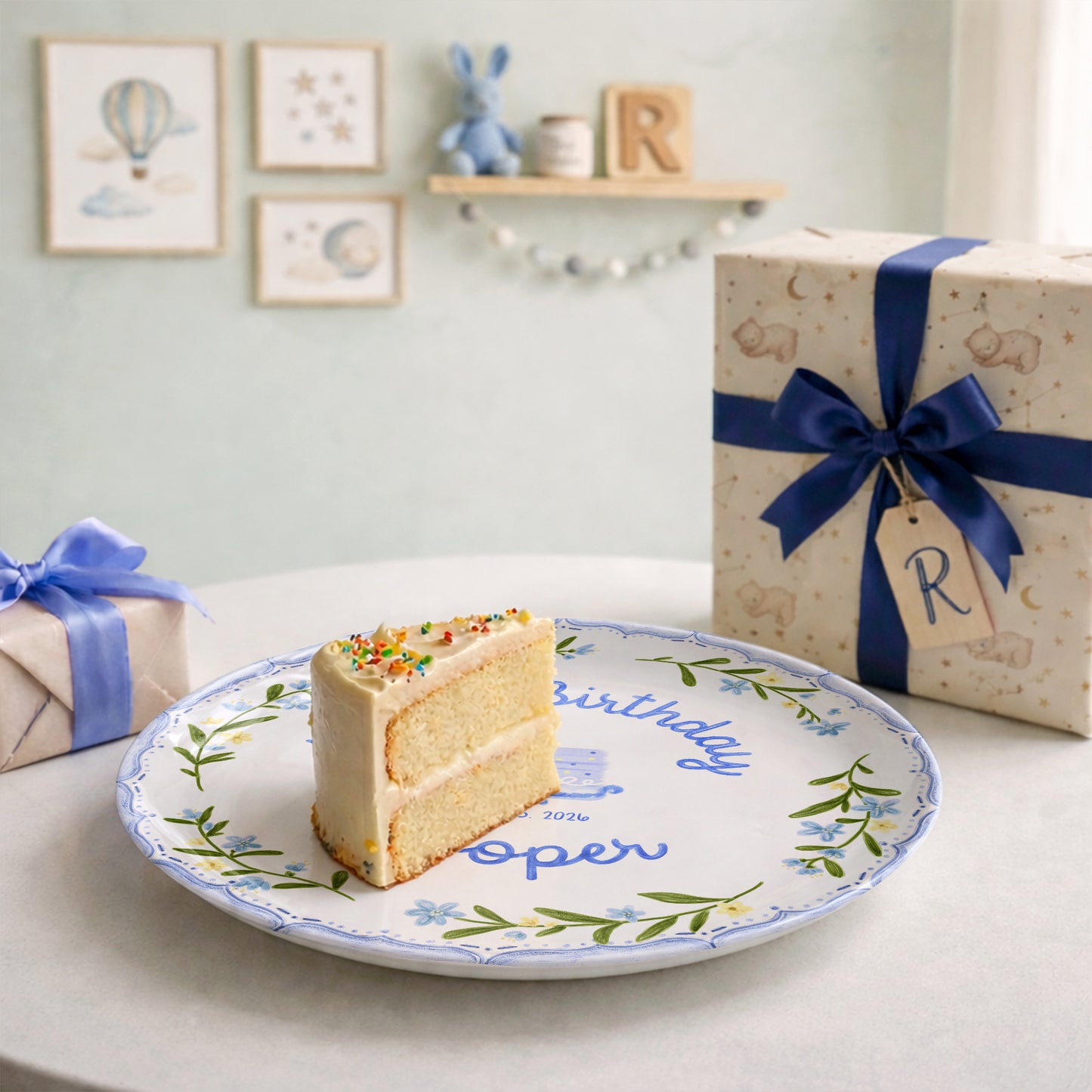 Blue Floral Cake Personalized Birthday Plate P5149BT0