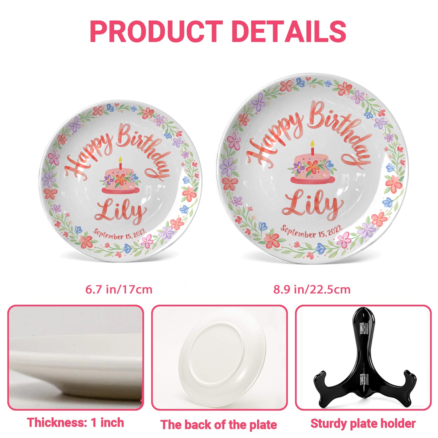 Floral Wreath with Pink Birthday Cake Personalized Birthday Plate P415Q5C0
