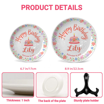 Floral Wreath with Pink Birthday Cake Personalized Birthday Plate P415Q5C0