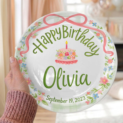 Pink Bow with Green Floral Border and Birthday Cake Personalized Birthday Plate P4156TV0