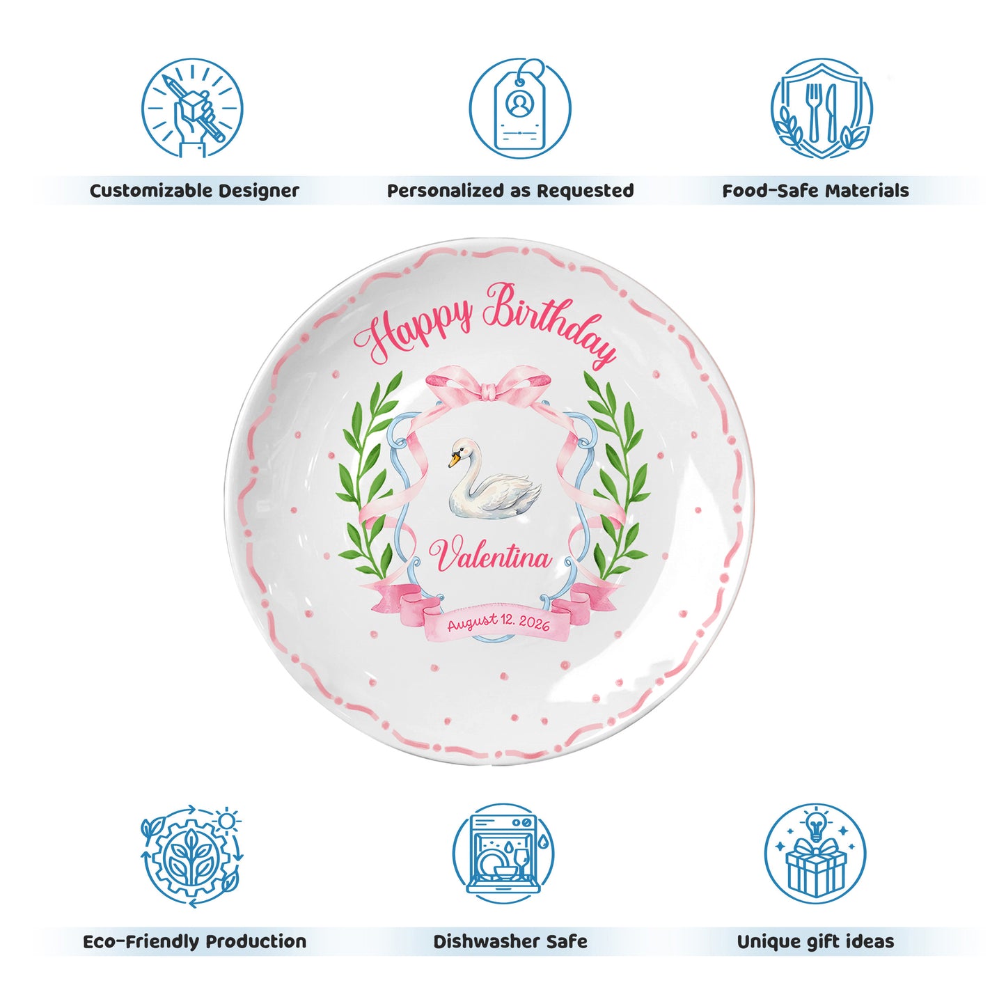 Pink Swan and Bow Personalized Birthday Plate P318OF20