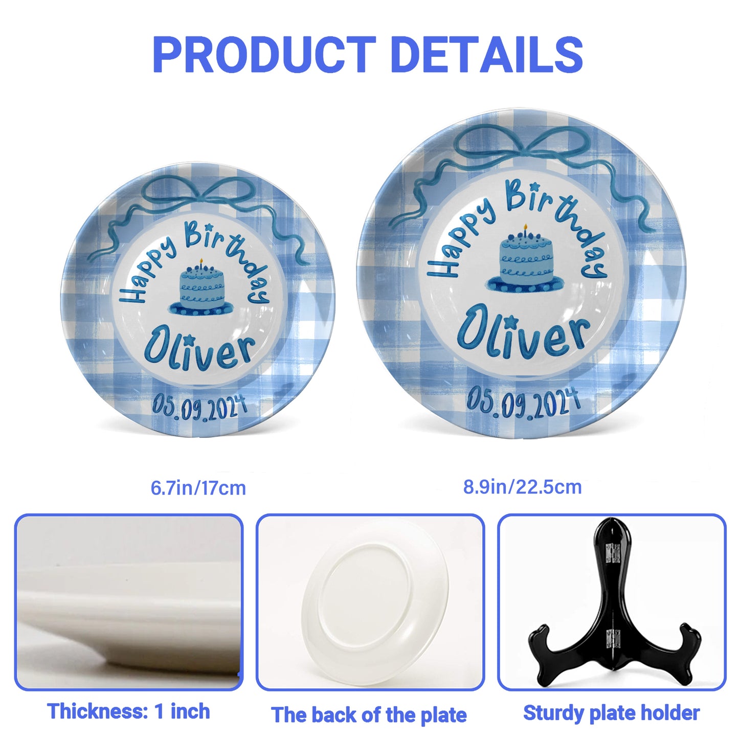 Blue Gingham Bow Personalized Birthday Plate P41V3P0