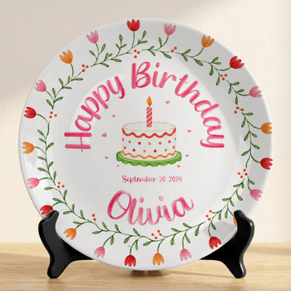 Tulip Floral Personalized Birthday Plate for Kids, Custom Name and Date Ceramic Keepsake P85E4U0