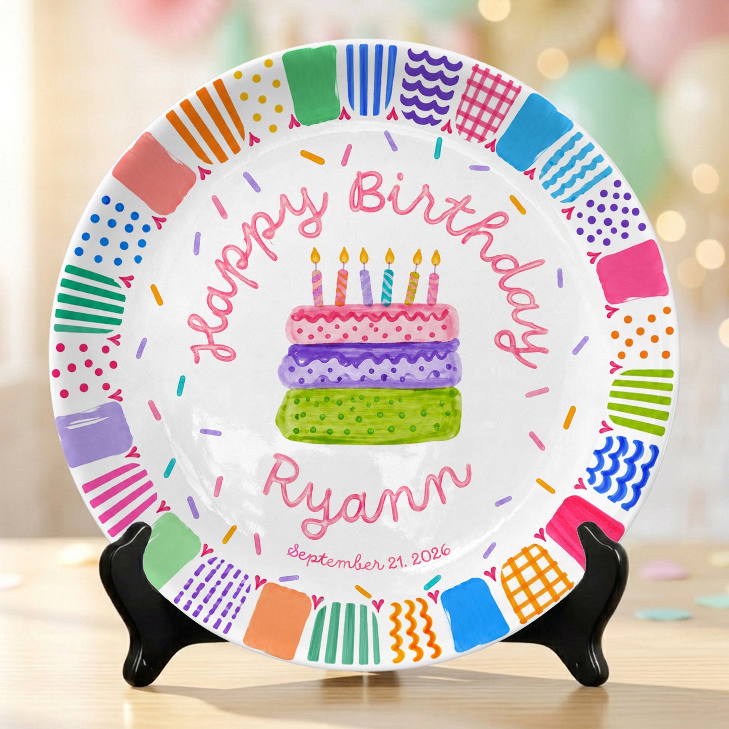 Colorful Happy Birthday Cake Keepsake Custom Name Personalized Birthday Plate P821LW10