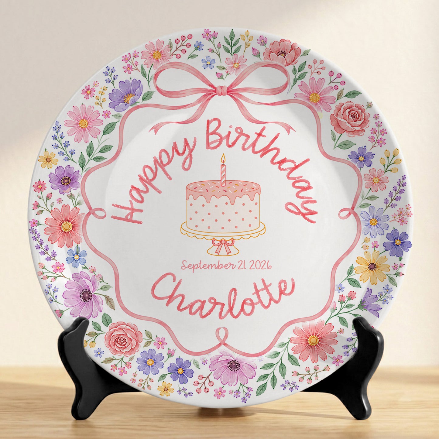 Floral Bow Cake Keepsake Personalized Birthday Plate for Girls P87DHJ0