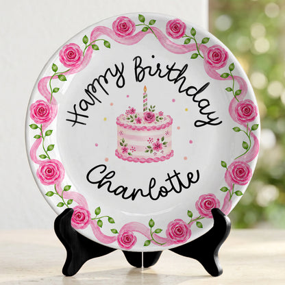Pink Rose Cake Personalized Birthday Plate P729XQR0