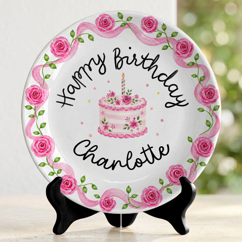 Pink Rose Cake Personalized Birthday Plate P729XQR0