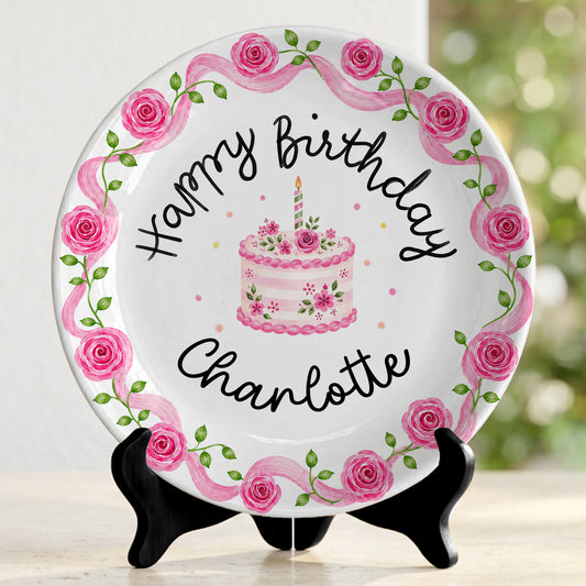 Pink Rose Cake Personalized Birthday Plate P729XQR0