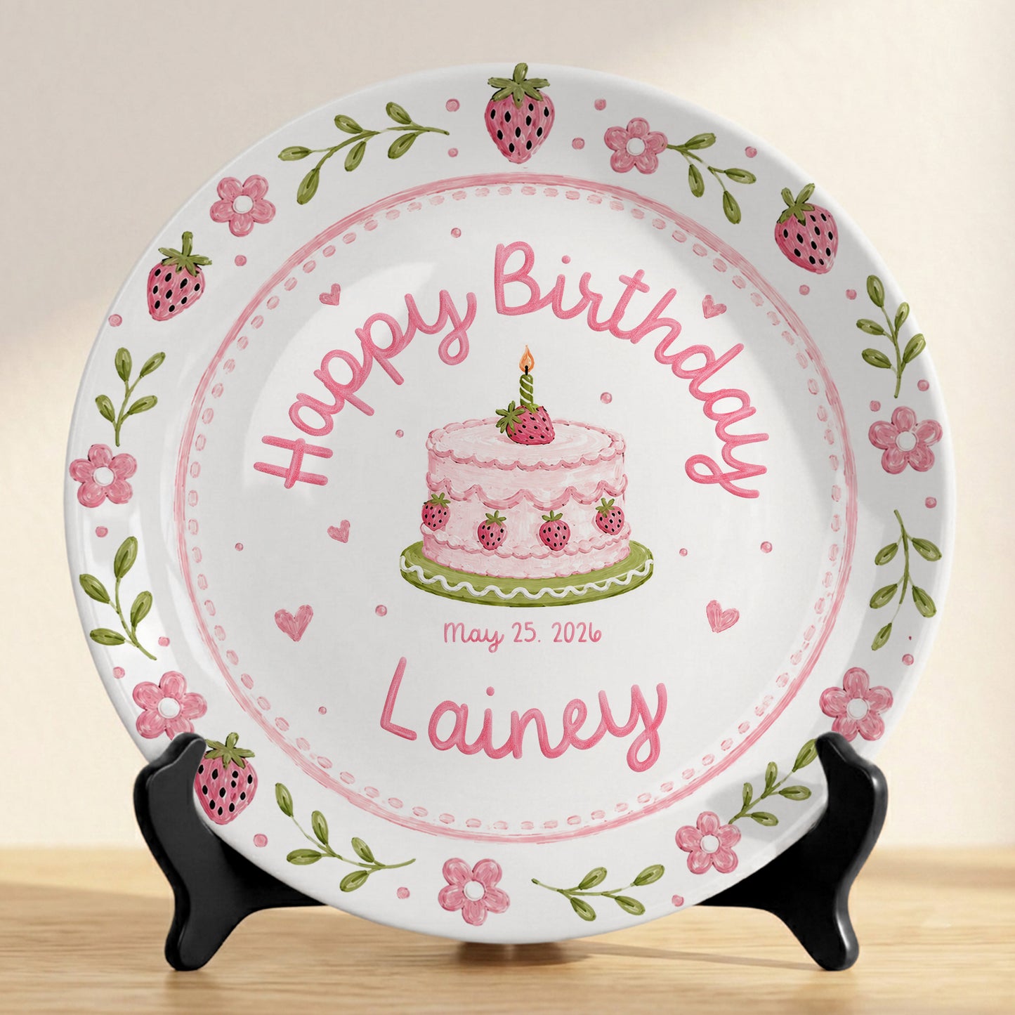 Strawberry Floral Cake Keepsake Ceramic Personalized Birthday Plate for Kids P83M4Y0