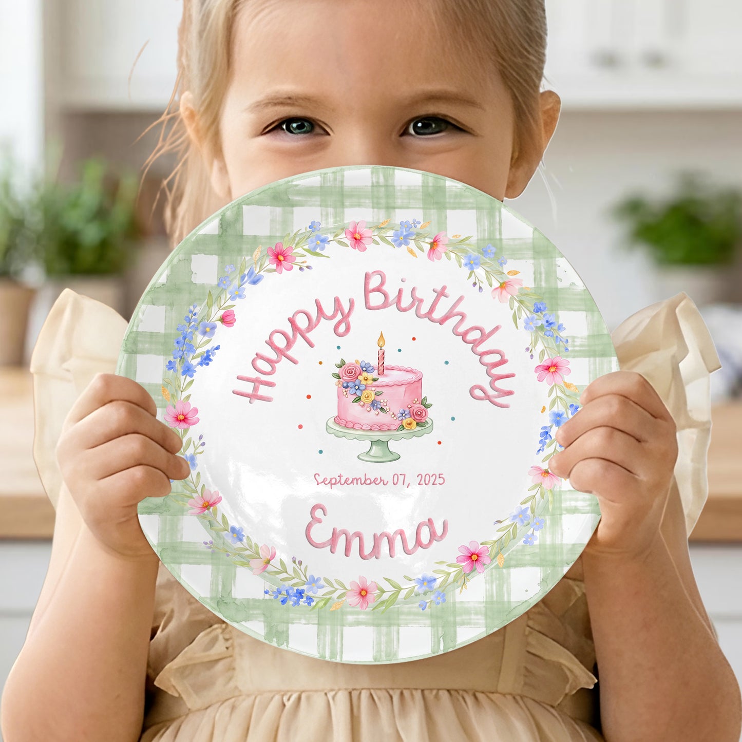Sage Green Floral Cake Personalized Birthday Plate P331MYL0