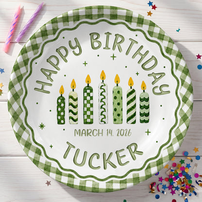 Green Gingham Birthday Candles Keepsake Personalized Birthday Plate for Kids P72333Z0