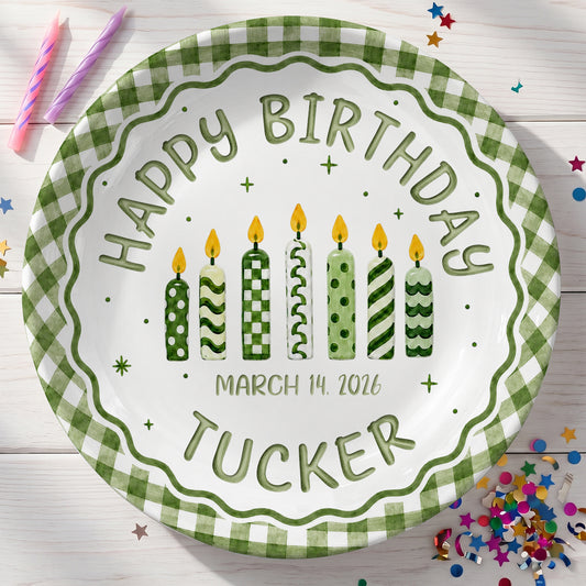 Green Gingham Birthday Candles Keepsake Personalized Birthday Plate for Kids P72333Z0